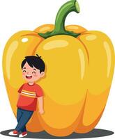 A cheerful boy leaning against a giant yellow bell pepper in a flat and colorful illustration showcasing whimsy and joy in a playful setting vector