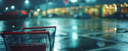 shopping cart in a wet parking lot at night, with blurred store lights in the background photo