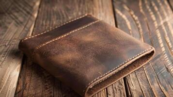 A vintage style plant based leather wallet on a wooden surface photo