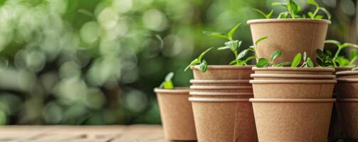 Biodegradable plant based pots with young green seedlings on a wooden surface photo