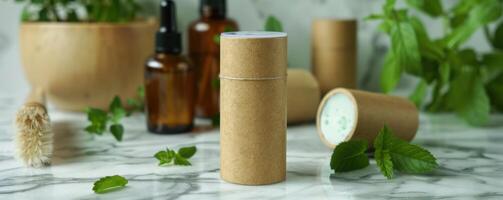 A refillable deodorant stick in compostable packaging on a marble surface photo