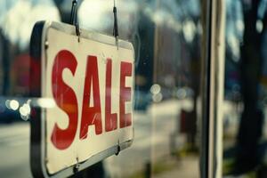 SALE sign hangs in a store window, reflecting a busy street outside photo