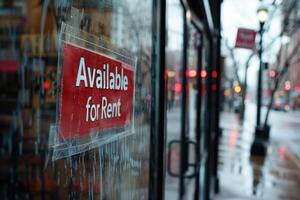 wet glass storefront with an Available for Rent sign photo