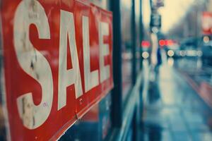 close-up of a red SALE sign on a shop window with a blurred street in the background photo