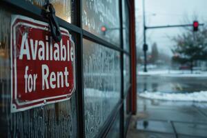 red Available for Rent sign on a glass storefront photo