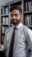 A man with a beard and tie standing in front of a bookcase photo