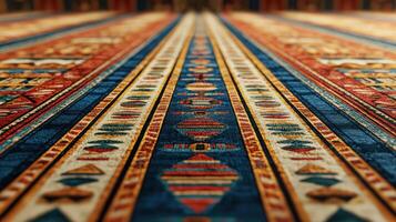 Intricate patterned carpet showcasing vibrant colors and symbols in detailed design. photo