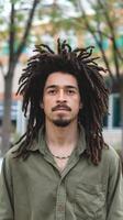 A man with dreadlocks standing in front of a tree photo