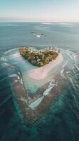 Island in the heart of the ocean with a bird flying over it photo