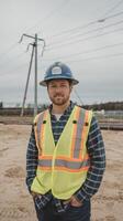 A man in a hard hat and vest standing in front of power lines photo