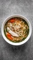 Chicken noodle soup with vegetables and herbs photo