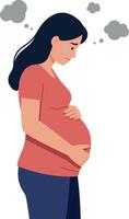 Pregnant woman standing in profile with a concerned expression, illustrated in a flat style, surrounded by thought clouds, art vector