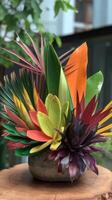 A colorful arrangement of tropical plants in a vase photo