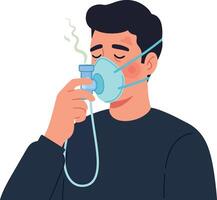 Man wearing a blue medical mask and inhaling deeply, showcasing a flat design style in art vector