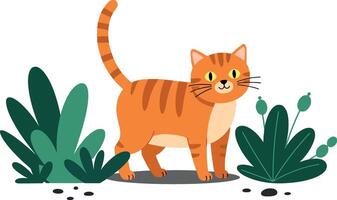 Orange tabby cat playfully exploring a garden surrounded by vibrant green plants in flat art vector