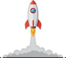 A sleek, red and white rocket launching upwards surrounded by clouds in a minimal flat design art vector