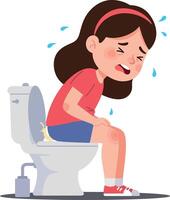 A young girl sitting on a toilet, looking distressed with sweat beads, in a flat and colorful illustration vector
