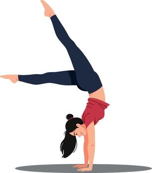 A woman performing a handstand on one hand while balancing with grace in a minimal illustration showcasing strength and focus in an active setting vector