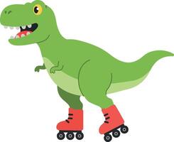 A playful green dinosaur on roller skates, showcasing vibrant colors and a cheerful expression in a fun, whimsical flat illustration vector