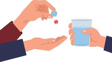 Hands exchanging colorful pills with a glass of water in a minimal and modern design style illustration vector