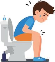 A worried young man sitting on a toilet with a distressed expression, minimal flat style art vector