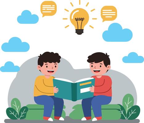 Two cheerful boys reading a book together in a cozy outdoor setting with bright clouds and lightbulb illustration