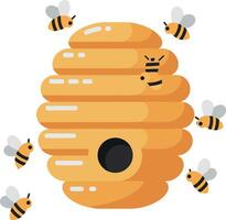 A vibrant beehive surrounded by cheerful bees in a flat design style showcasing natures harmony in delightful art vector