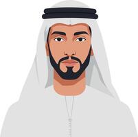 Portrait of a young man wearing traditional Emirati attire in a flat illustration style, showcasing cultural pride and heritage through expressive features and attire in art vector
