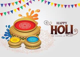 Happy Holi festival. Celebrate with festive typography on a mandala background featuring abir, pichkari, vibrant color splashes, and water flags for a joyful design. vector