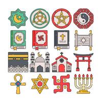 Religious and spiritual elements flat design style, including symbols, books, and places of worship. Ideal for educational content, branding, and religious projects. vector