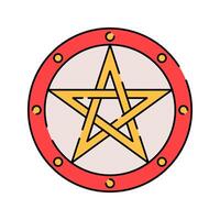 Pentagram Shield Flat design style, gold pentagram in a red circle, symbolizing mysticism and protection, perfect for esoteric themes, occult designs, and fantasy illustrations. vector