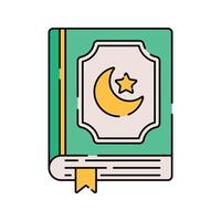 Quran Flat design style, green book with a crescent moon, representing the holy Islamic scripture, great for religious materials, educational content, and cultural visuals. vector