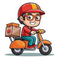 cartoon delivery boy riding ,scooter with box on the back vector