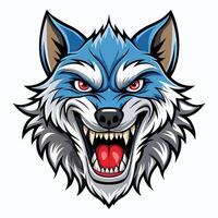 an angry wolf head with red eyes and fangs vector