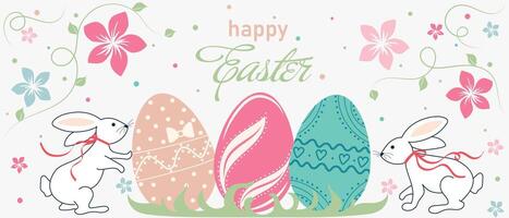 Easter Background with Rabbits, Happy Easter, Bunny, Easter Eggs, Flowers, Greeting, Colorful, Easter Banner, Spring vector