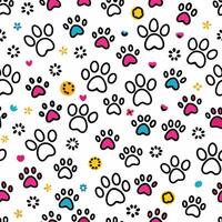 seamless pattern with paw ,prints and hearts white background vector