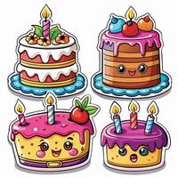 four different cake stickers, with candles white background vector