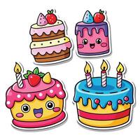 cute cake stickers set with different types cakes vector
