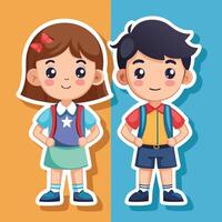 two children standing in front of a school uniform vector