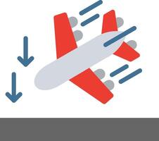 An airplane is flying down the runway with arrows pointing down vector