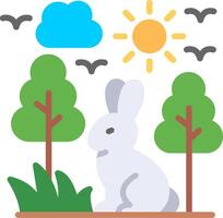 A rabbit sitting in the grass with trees and birds vector