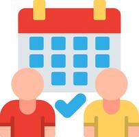 A calendar icon with two people standing next to a calendar vector