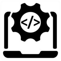 A black and white icon of a computer with a gear vector