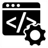 A black and white icon of a computer and a gear vector