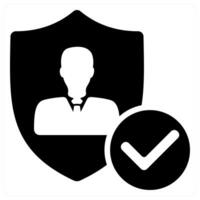 A black and white icon of a man with a shield and check mark vector