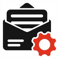 A black and red icon with a gear wheel and a paper envelope vector