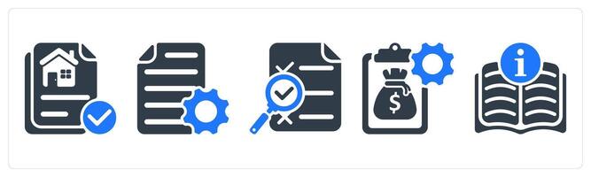 A set of 5 business icons as property document, document settings, search report vector