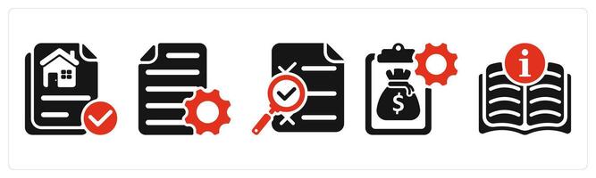five business icons as property document, document settings, search report vector