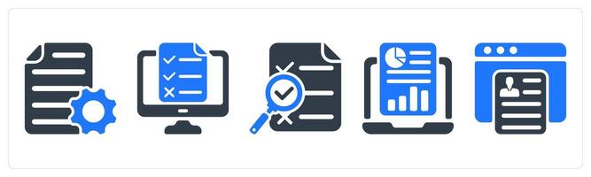 A set of 5 business icons as document settings, online test, search report vector