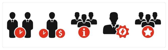 five business icons as loan time relation, budget estimate, team information vector